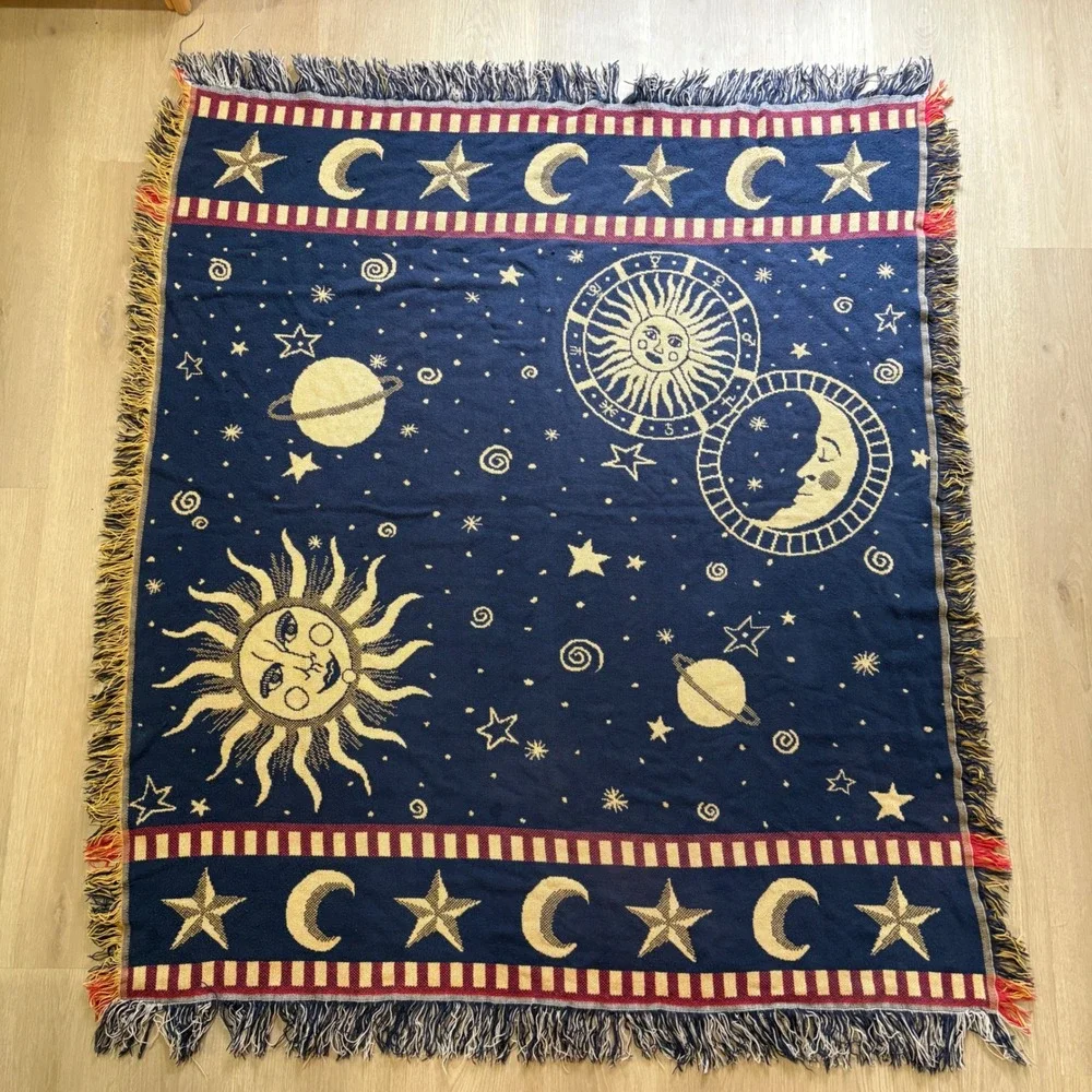 Vintage Celestial Sun Moon Stars Woven Tapestry Throw Blanket Navy Gold 48x60